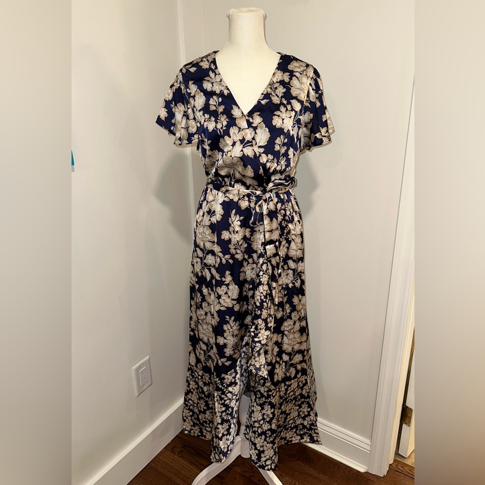 Floral Satin Wrap Midi Dress